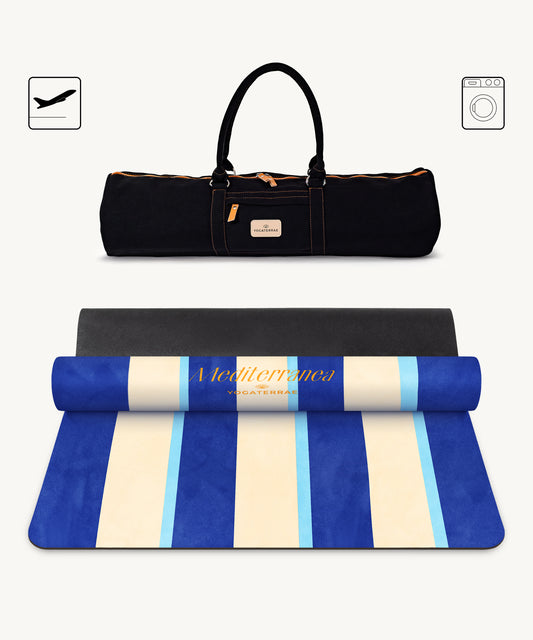 TAPIS DE YOGA VOYAGE 1 MM ANTIDÉRAPANT MICROFIBRE SANTORIN – MEDITERRANEA AVEC SAC