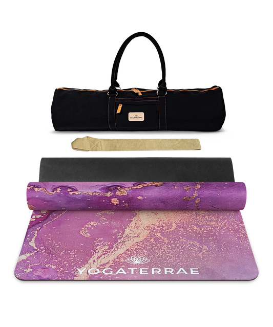 TAPIS DE YOGA MICROFIBRE SUÉDÉE ET CAOUTCHOUC NATUREL LAVANYA VOYAGE AVEC SAC
