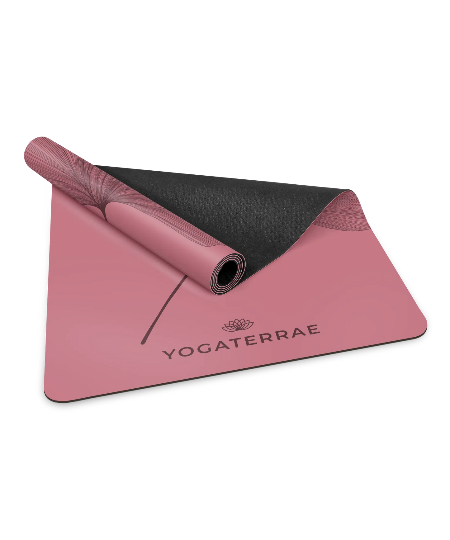 Zoom sur la bi-matière premium : revêtement PU Bordeaux Vintage et base haute densité en caoutchouc naturel noir d'un tapis Yogaterrae
