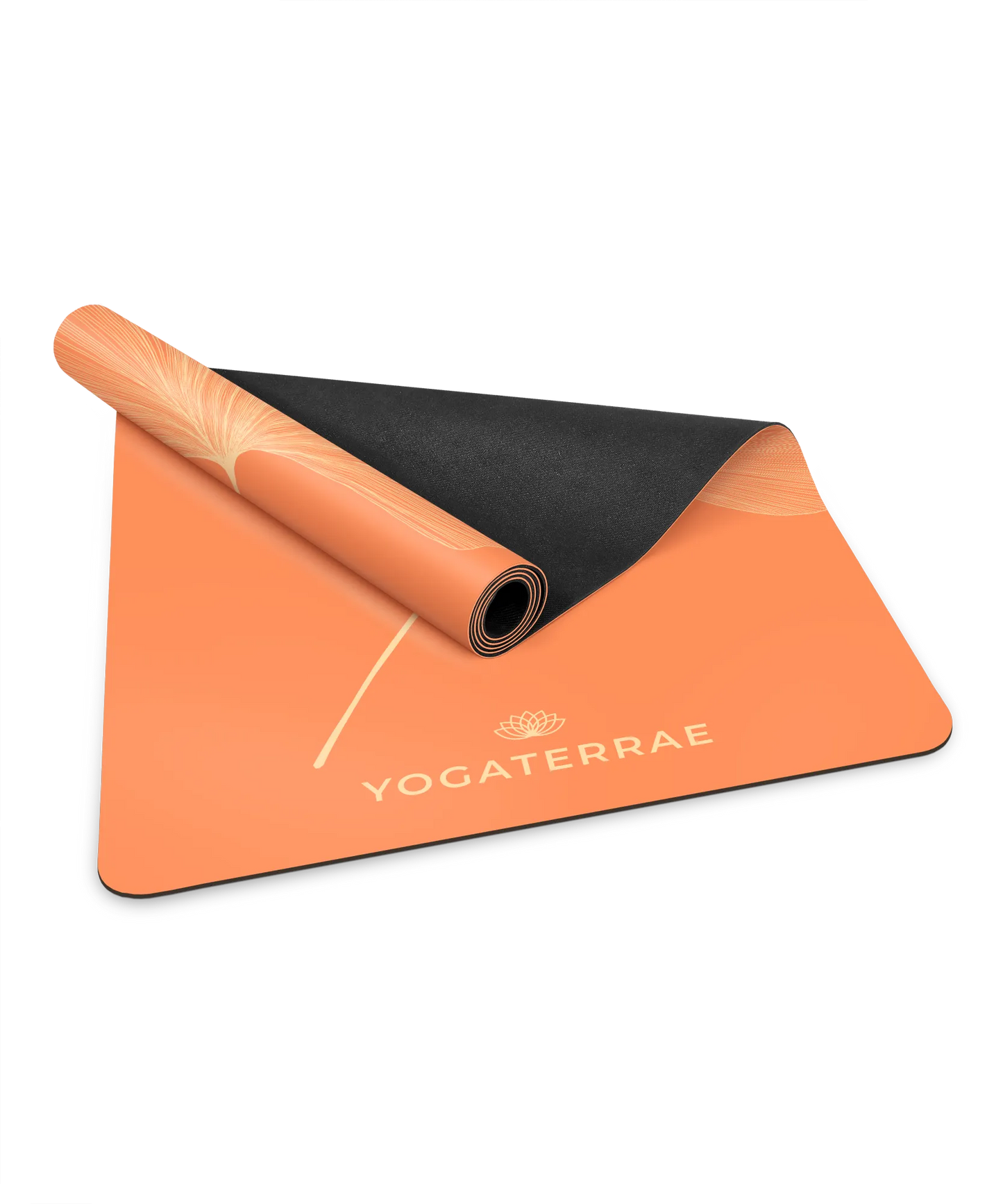 Zoom sur la bi-matière du tapis Yogaterrae : revêtement PU coloris Sunset et base amortissante en caoutchouc naturel noir