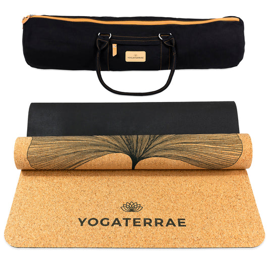 Tapis de yoga liège et caoutchouc naturels antidérapant écologique Ginkgos Bouquet et sac de yoga couture coton YOGATERRAE marque française