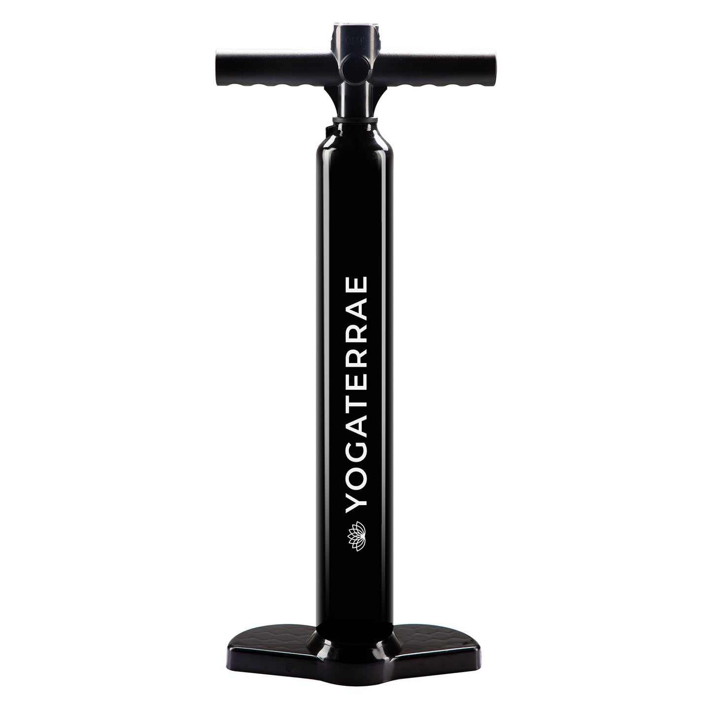 "Black double-action air pump for Yogaterrae SUP boards with integrated pressure gauge".