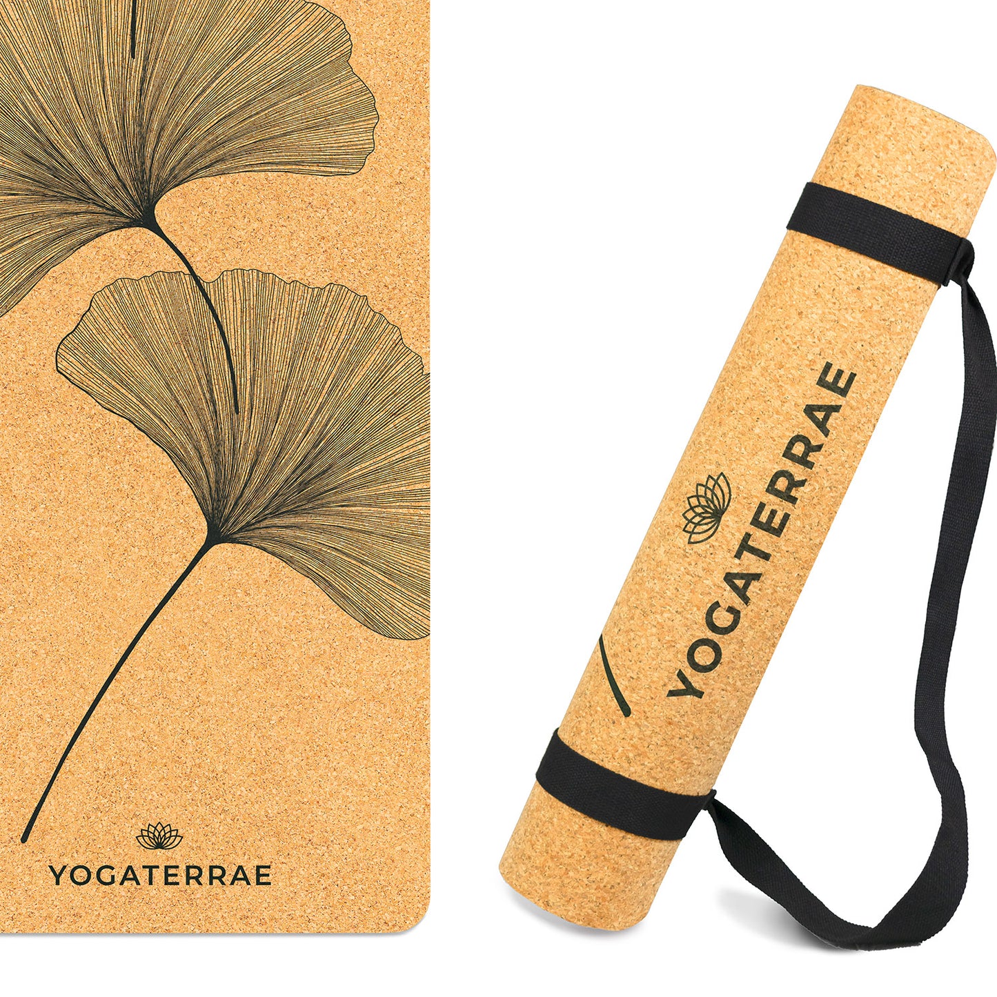 Esterilla de yoga ecológica antideslizante de corcho natural y caucho Ginkgos Yin Yang + correa de estiramiento y transporte YOGATERRAE marca francesa