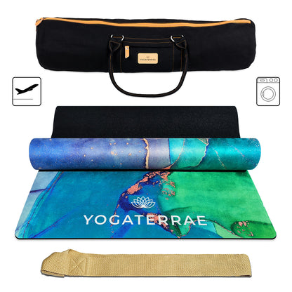 TAPIS DE YOGA SUÉDÉ ET CAOUTCHOUC NATUREL DHYANA " VOYAGE " AVEC SAC