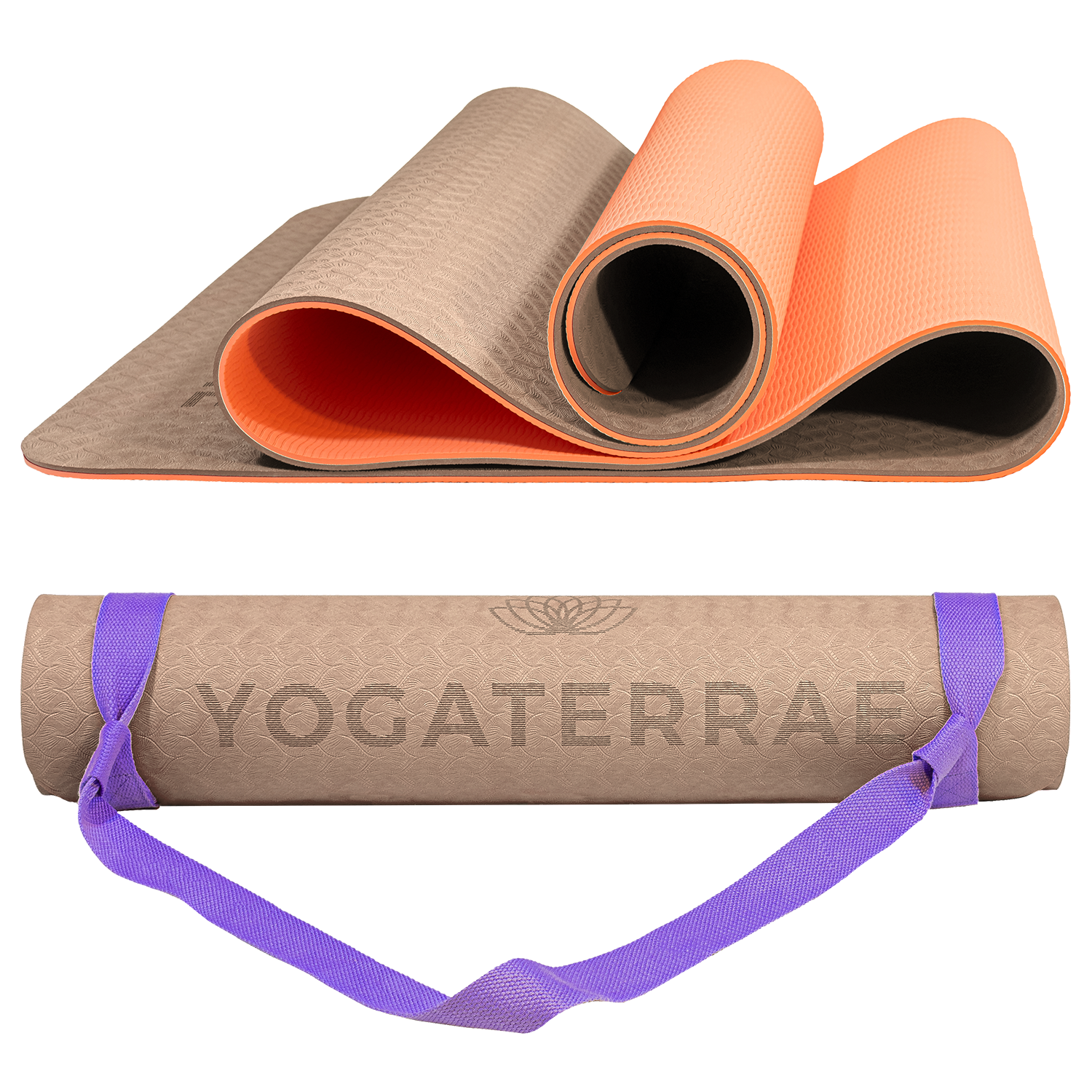 Tapis de yoga antidérapant bicolore Beige et Corail avec sangle offerte : grip haute performance et amorti optimal pour protéger les articulations.