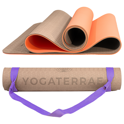 Tapis de yoga antidérapant TPE bicolore Beige et Corail avec sangle offerte : confort et protection des articulations.
