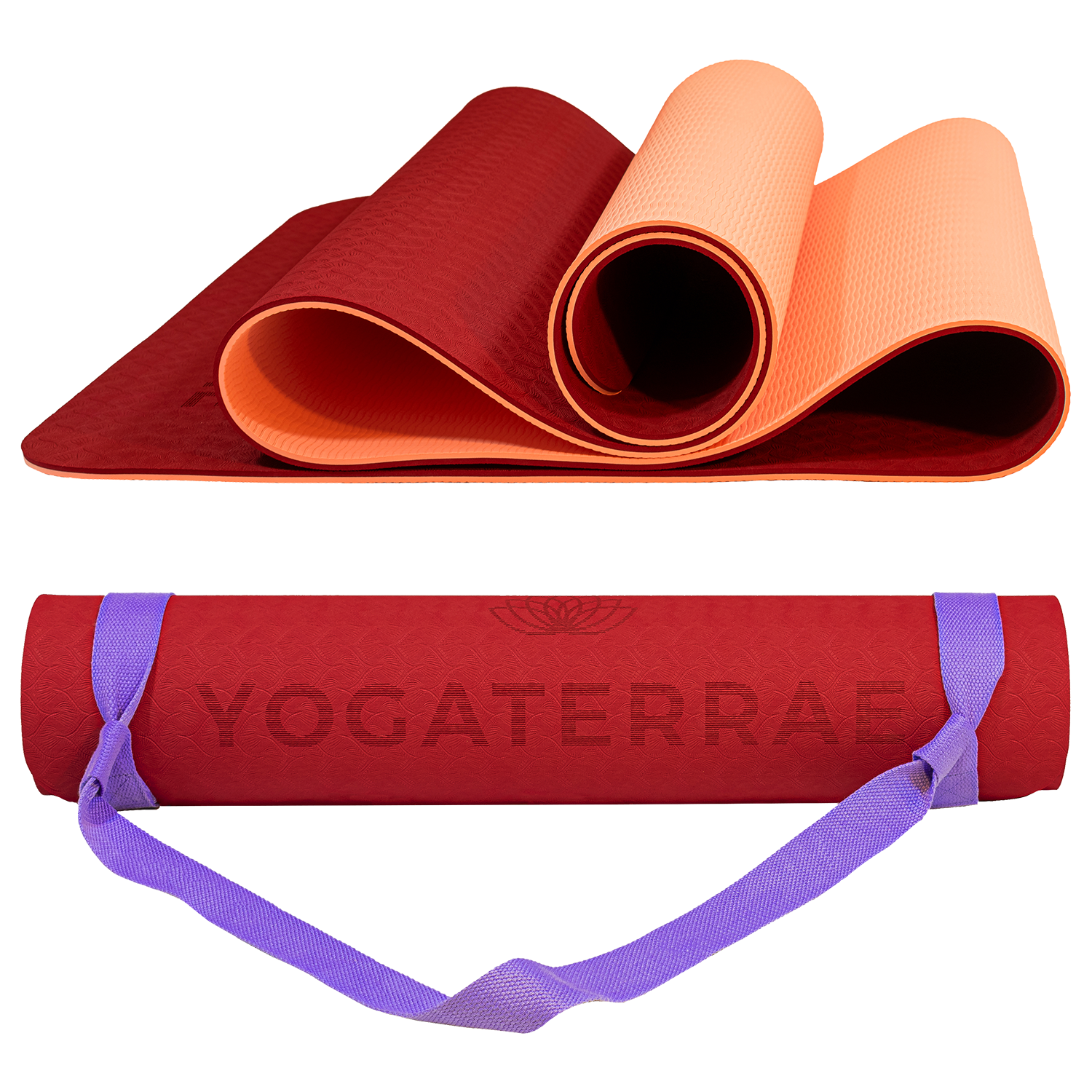Tapis de yoga antidérapant bicolore Bordeaux et Corail avec sangle offerte : grip haute performance et amorti optimal pour protéger les articulations.