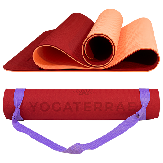 Tapis de yoga antidérapant bicolore Bordeaux et Corail avec sangle offerte : grip haute performance et amorti optimal pour protéger les articulations.