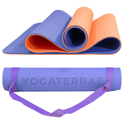Tapis de yoga antidérapant bicolore Lavande et Corail avec sangle offerte : grip haute performance et amorti optimal pour protéger les articulations.