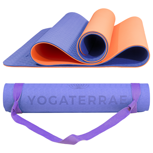 Tapis de yoga antidérapant bicolore Lavande et Corail avec sangle offerte : grip haute performance et amorti optimal pour protéger les articulations.