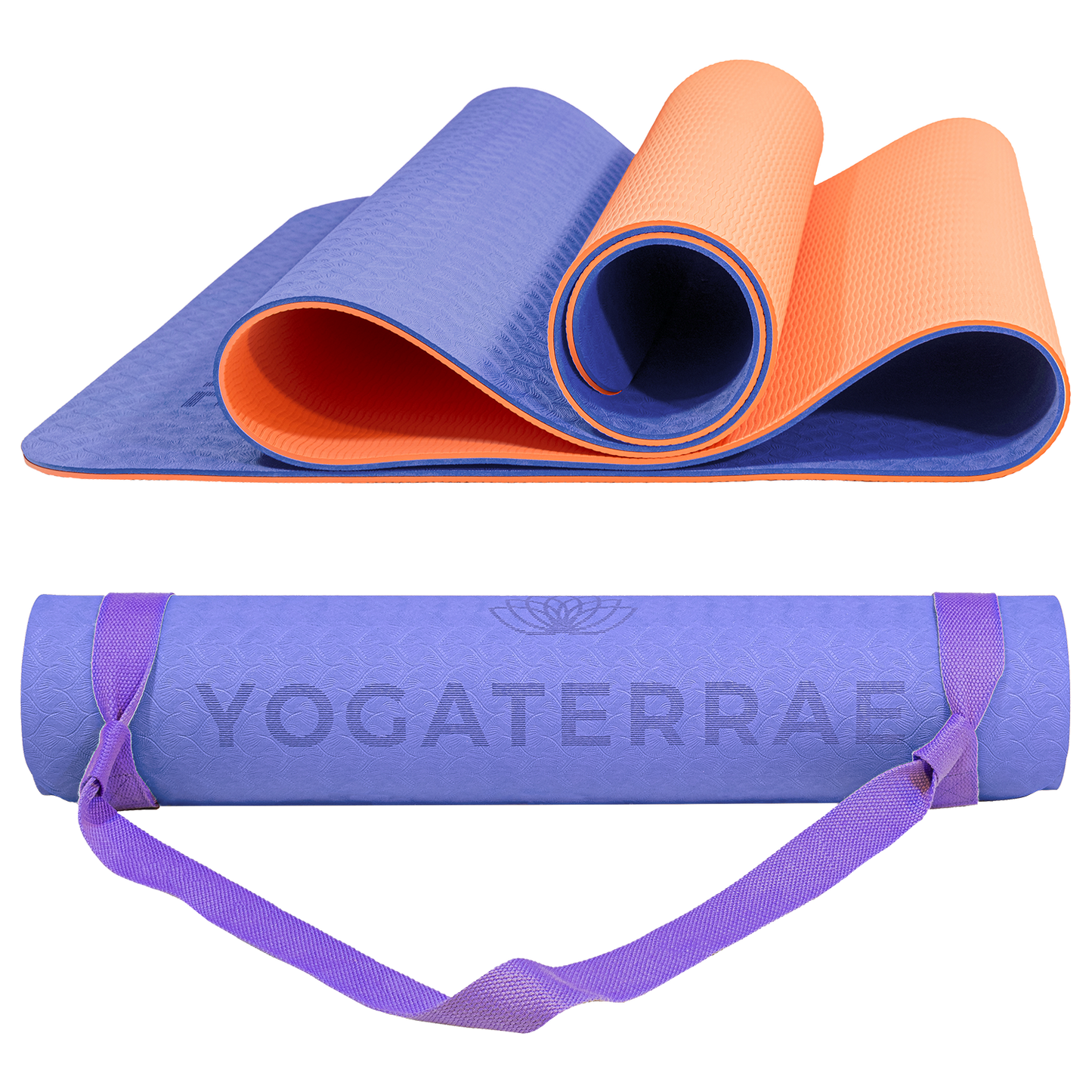 Tapis de yoga antidérapant TPE bicolore Lavande et Corail avec sangle offerte : confort et protection des articulations.