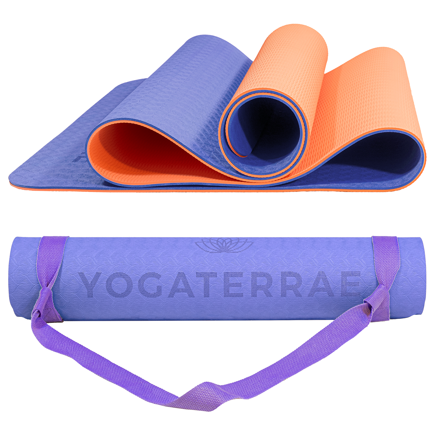 Tapis de yoga antidérapant TPE bicolore Lavande et Corail avec sangle offerte : confort et protection des articulations.