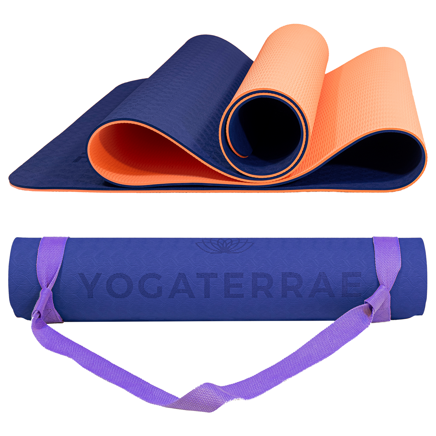 Tapis de yoga antidérapant bicolore Bleu Marine et Corail avec sangle offerte : grip haute performance et amorti optimal pour protéger les articulations.