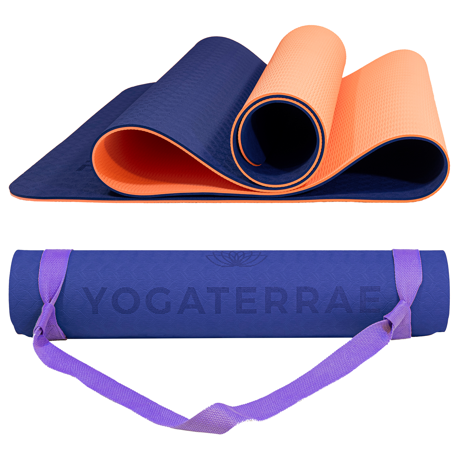 Tapis de yoga antidérapant bicolore Bleu Marine et Corail avec sangle offerte : grip haute performance et amorti optimal pour protéger les articulations.
