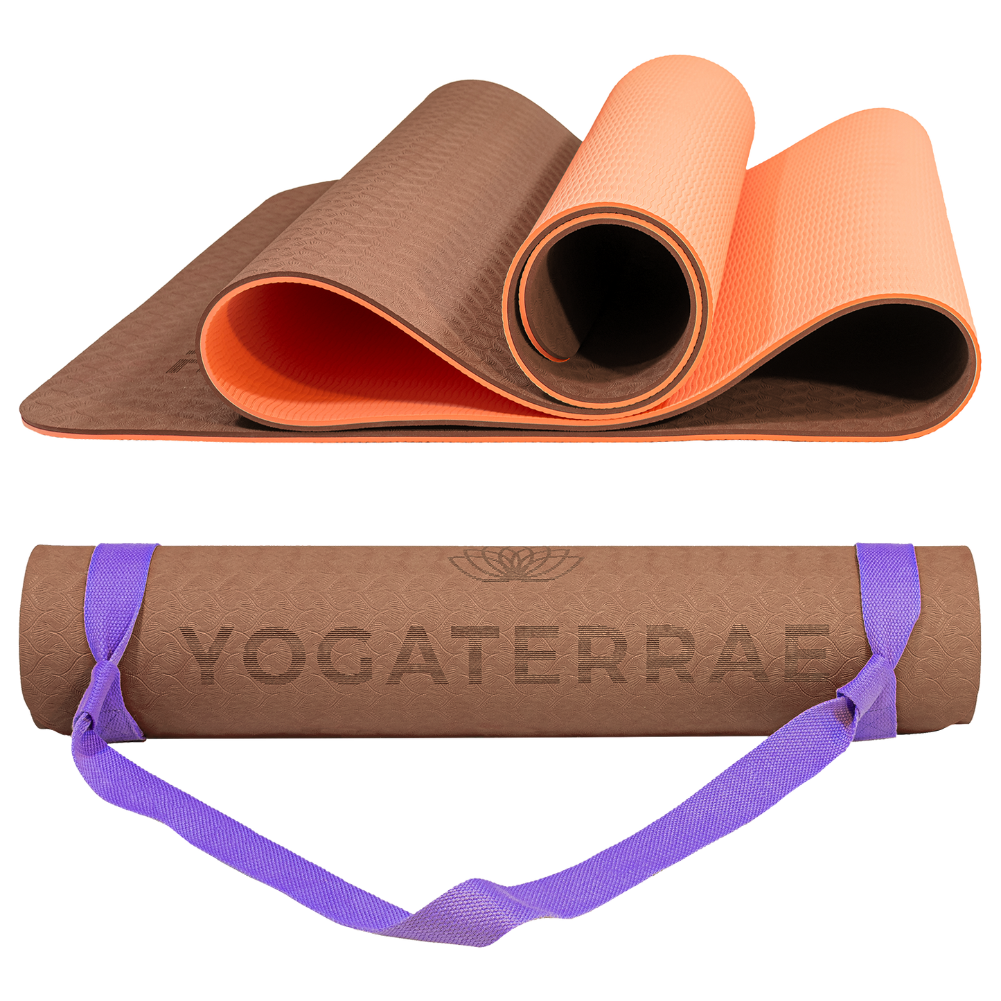Tapis de yoga antidérapant bicolore Marron et Corail avec sangle offerte : grip haute performance et amorti optimal pour protéger les articulations.