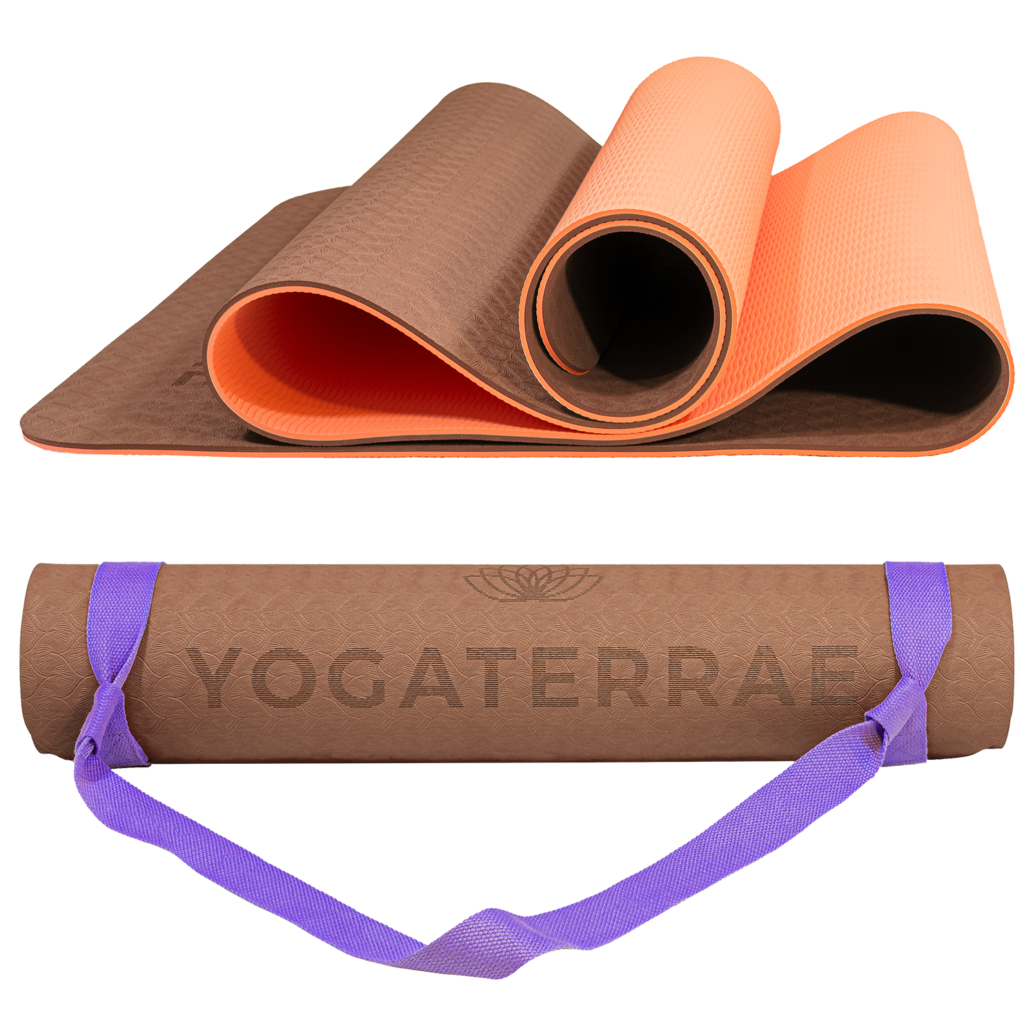 Tapis de yoga antidérapant bicolore Marron et Corail avec sangle offerte : grip haute performance et amorti optimal pour protéger les articulations.