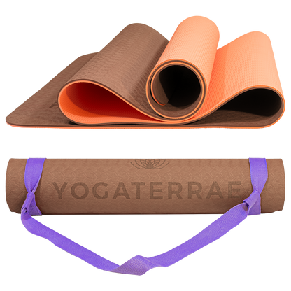 Tapis de yoga antidérapant TPE bicolore Marron et Corail avec sangle offerte : confort et protection des articulations.