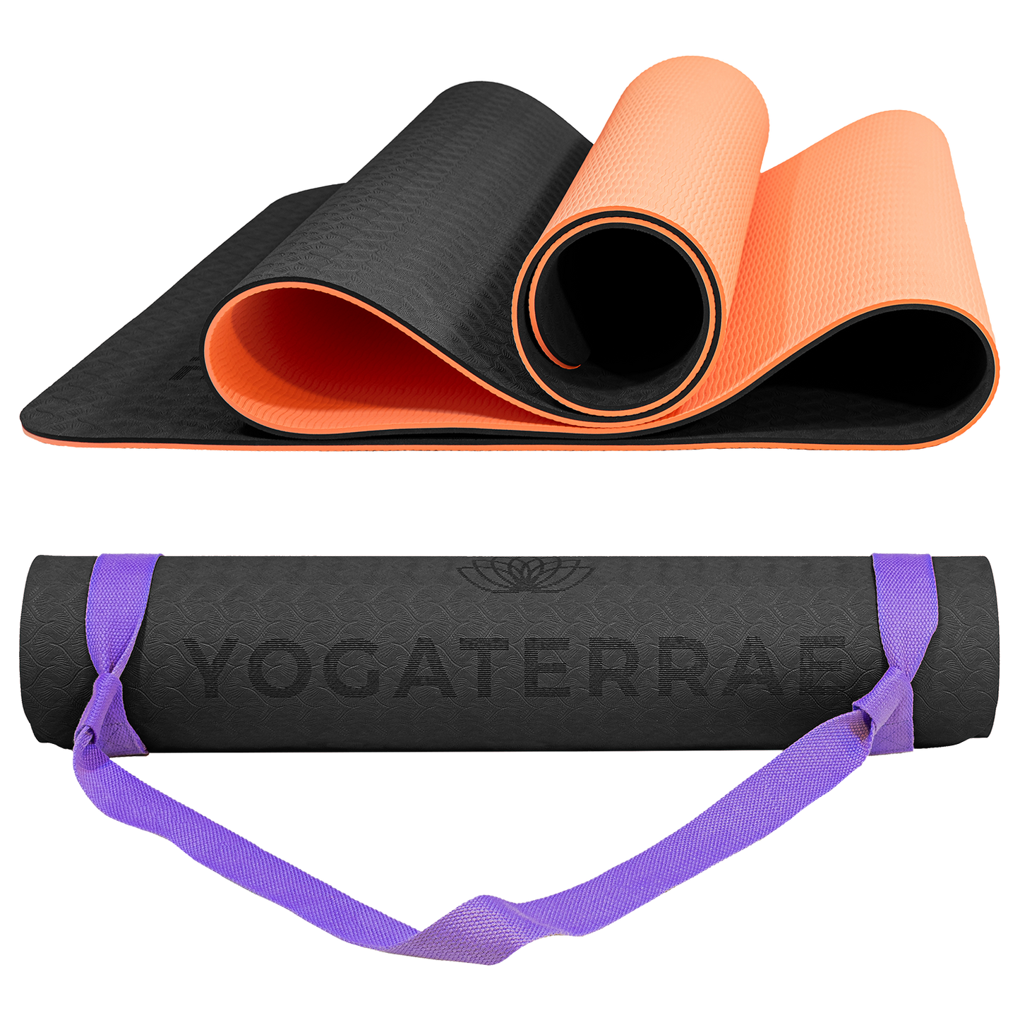 Tapis de yoga antidérapant bicolore Noir et Corail avec sangle offerte : grip haute performance et amorti optimal pour protéger les articulations.
