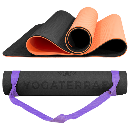 Tapis de yoga antidérapant bicolore Noir et Corail avec sangle offerte : grip haute performance et amorti optimal pour protéger les articulations.
