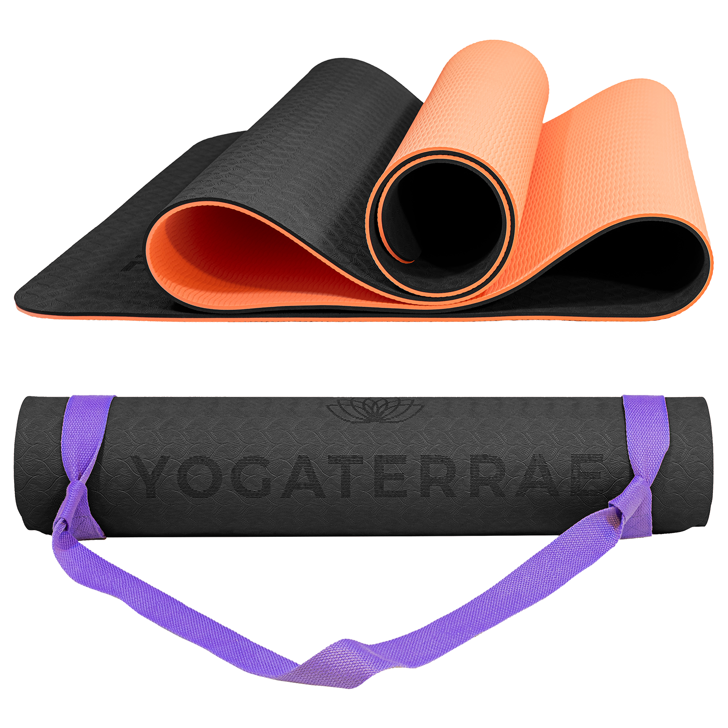Tapis de yoga antidérapant TPE bicolore Noir et Corail avec sangle offerte : confort et protection des articulations.