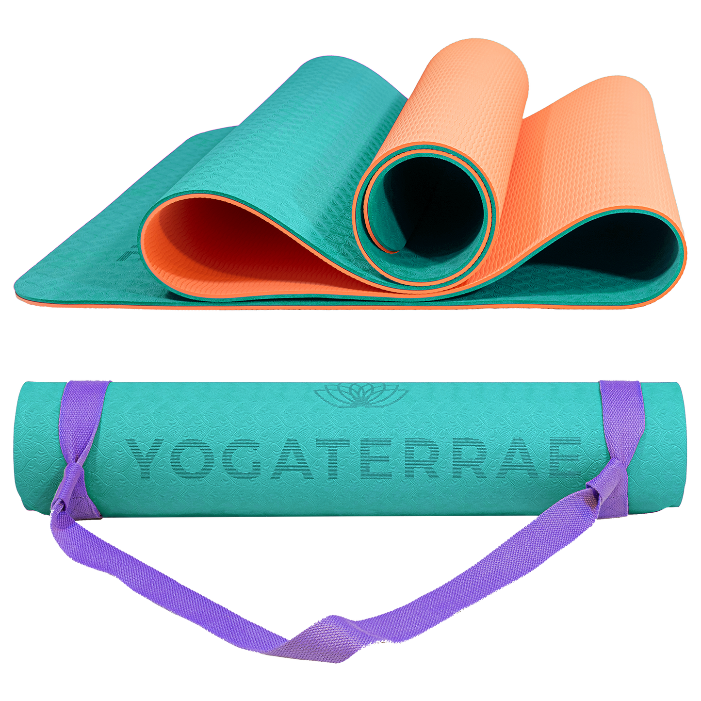 Tapis de yoga antidérapant TPE bicolore Turquoise et Corail avec sangle offerte : confort et protection des articulations.