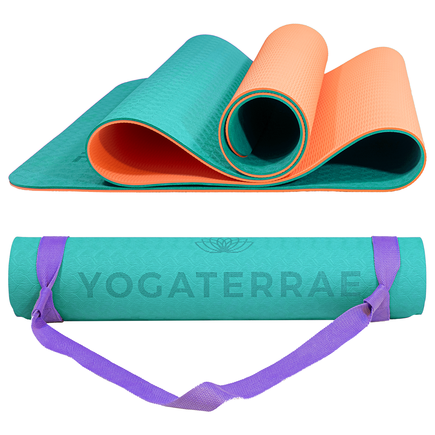 Tapis de yoga antidérapant TPE bicolore Turquoise et Corail avec sangle offerte : confort et protection des articulations.