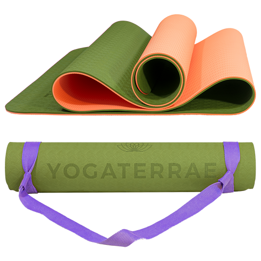 Tapis de yoga antidérapant bicolore Vert Olive et Corail avec sangle offerte : grip haute performance et amorti optimal pour protéger les articulations.