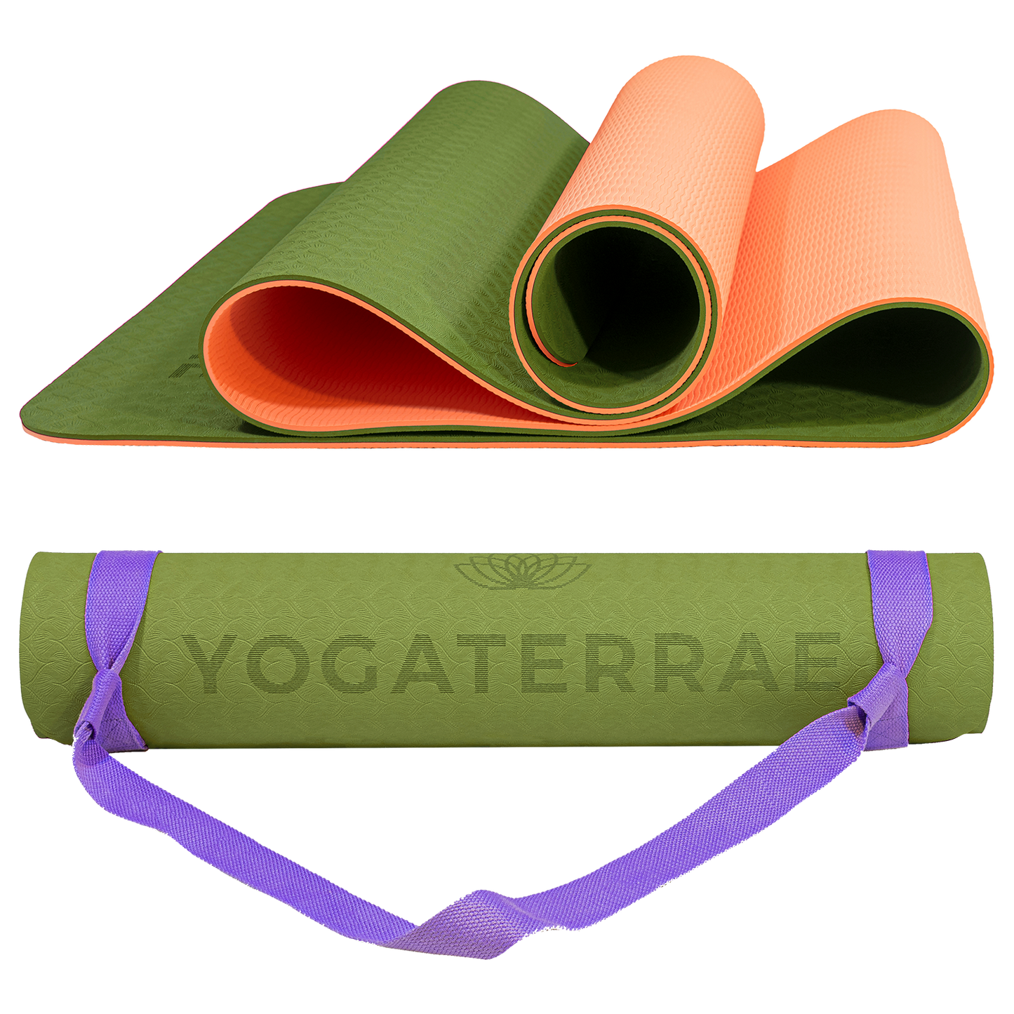 Tapis de yoga antidérapant TPE bicolore Vert Olive et Corail avec sangle offerte : confort et protection des articulations.