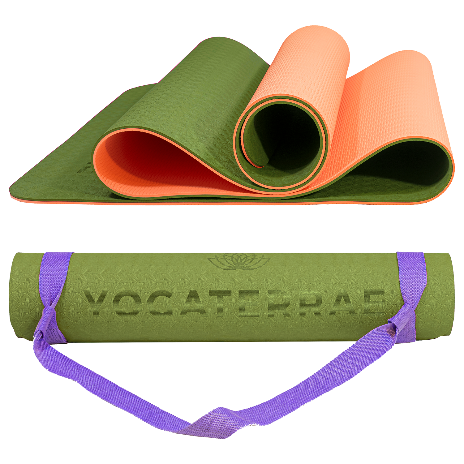 Tapis de yoga antidérapant TPE bicolore Vert Olive et Corail avec sangle offerte : confort et protection des articulations.