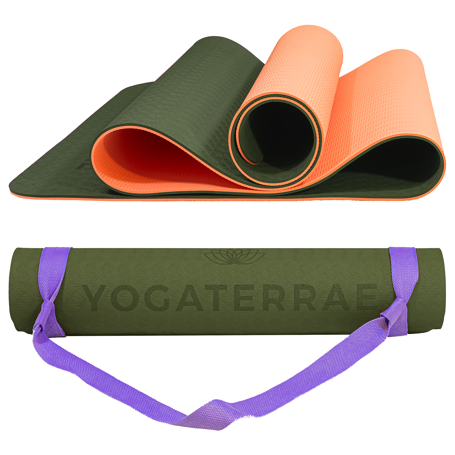Tapis de yoga antidérapant TPE Vert Forêt et Corail avec sangle offerte : grip haute performance et amorti optimal pour protéger vos articulations.