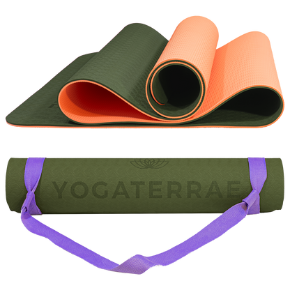 Tapis de yoga antidérapant TPE Vert Forêt et Corail avec sangle offerte : grip haute performance et amorti optimal pour protéger vos articulations.
