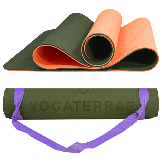 Tapis de yoga antidérapant TPE Vert Forêt et Corail avec sangle offerte : grip haute performance et amorti optimal pour protéger vos articulations.