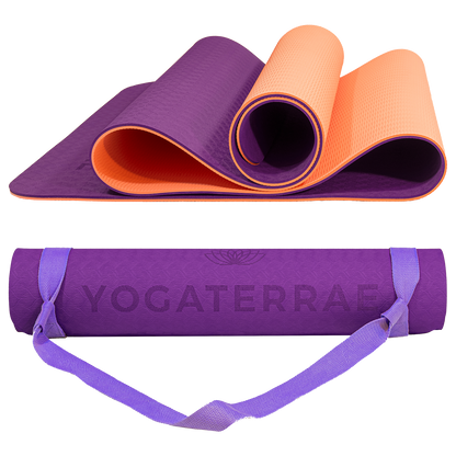 Tapis de yoga antidérapant bicolore Violet et Corail avec sangle offerte : grip haute performance et amorti optimal pour protéger les articulations.