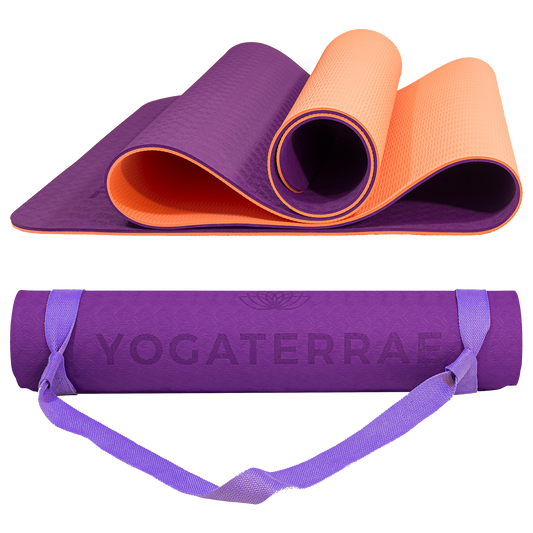 Tapis de yoga antidérapant bicolore Violet et Corail avec sangle offerte : grip haute performance et amorti optimal pour protéger les articulations.