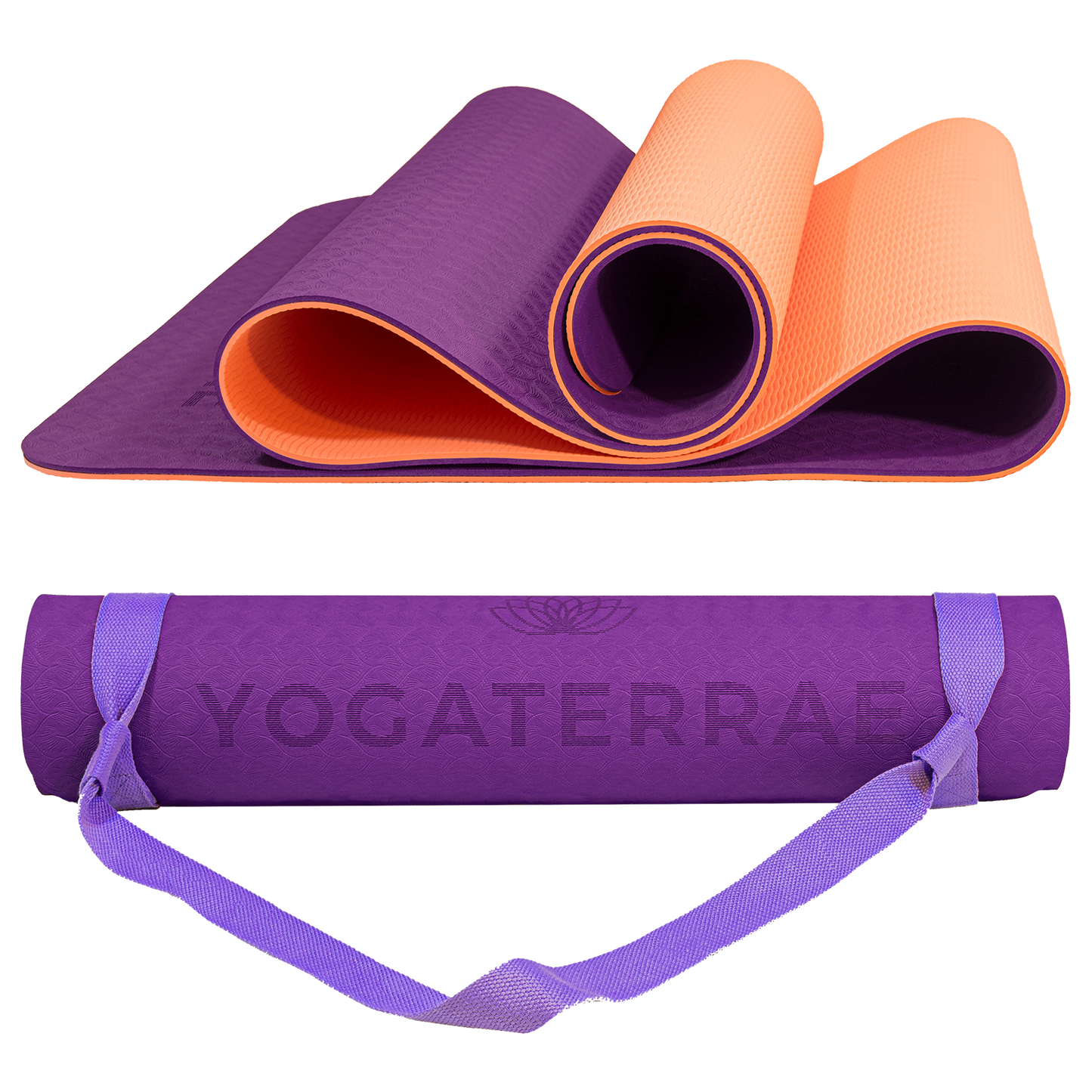 Tapis de yoga antidérapant TPE bicolore Violet et Corail avec sangle offerte : confort et protection des articulations.