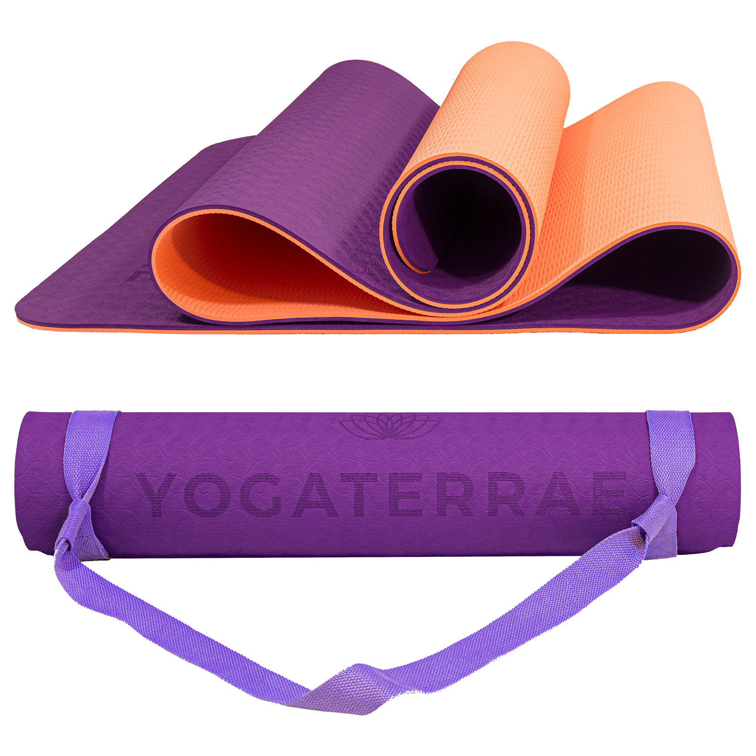 Tapis de yoga antidérapant TPE bicolore Violet et Corail avec sangle offerte : confort et protection des articulations.