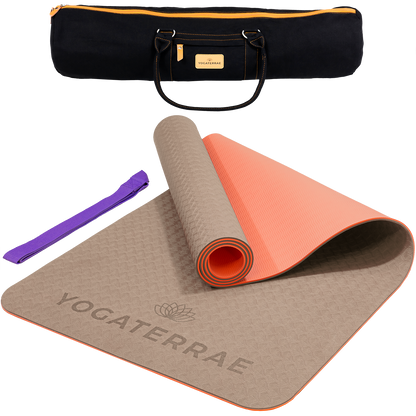 Tapis de yoga antidérapant TPE bicolore Beige et Corail avec sac de transport et sangle : grip haute performance et amorti optimal.
