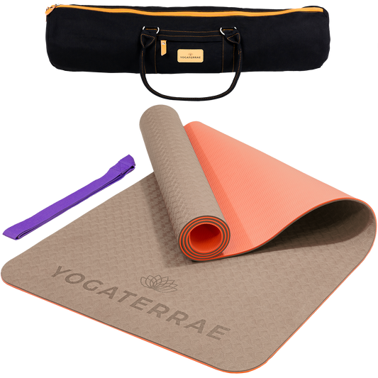 Tapis de yoga antidérapant TPE bicolore Beige et Corail avec sac de transport et sangle : grip haute performance et amorti optimal.