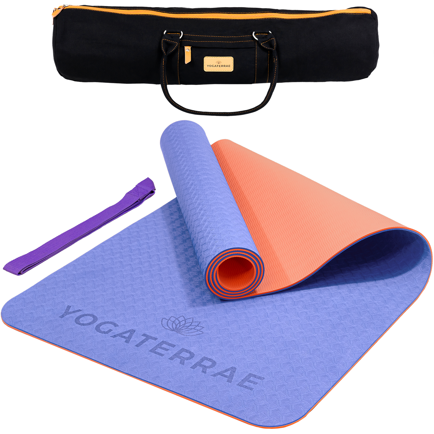 Tapis de yoga antidérapant TPE bicolore Lavande et Corail avec sac de transport et sangle : grip haute performance et amorti optimal.