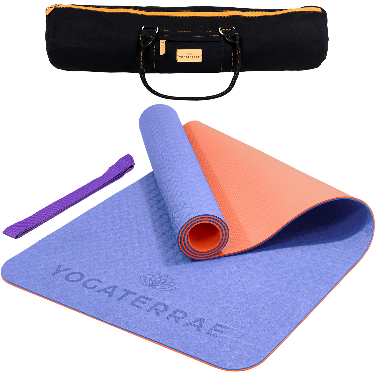 Tapis de yoga antidérapant TPE bicolore Lavande et Corail avec sac de transport et sangle : grip haute performance et amorti optimal.