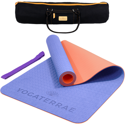 Tapis de yoga antidérapant TPE bicolore Lavande et Corail avec sac de transport et sangle : grip haute performance et amorti optimal.