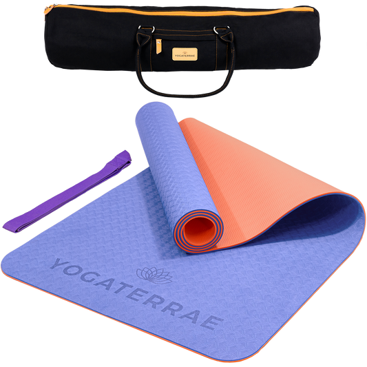 Tapis de yoga antidérapant TPE bicolore Lavande et Corail avec sac de transport et sangle : grip haute performance et amorti optimal.