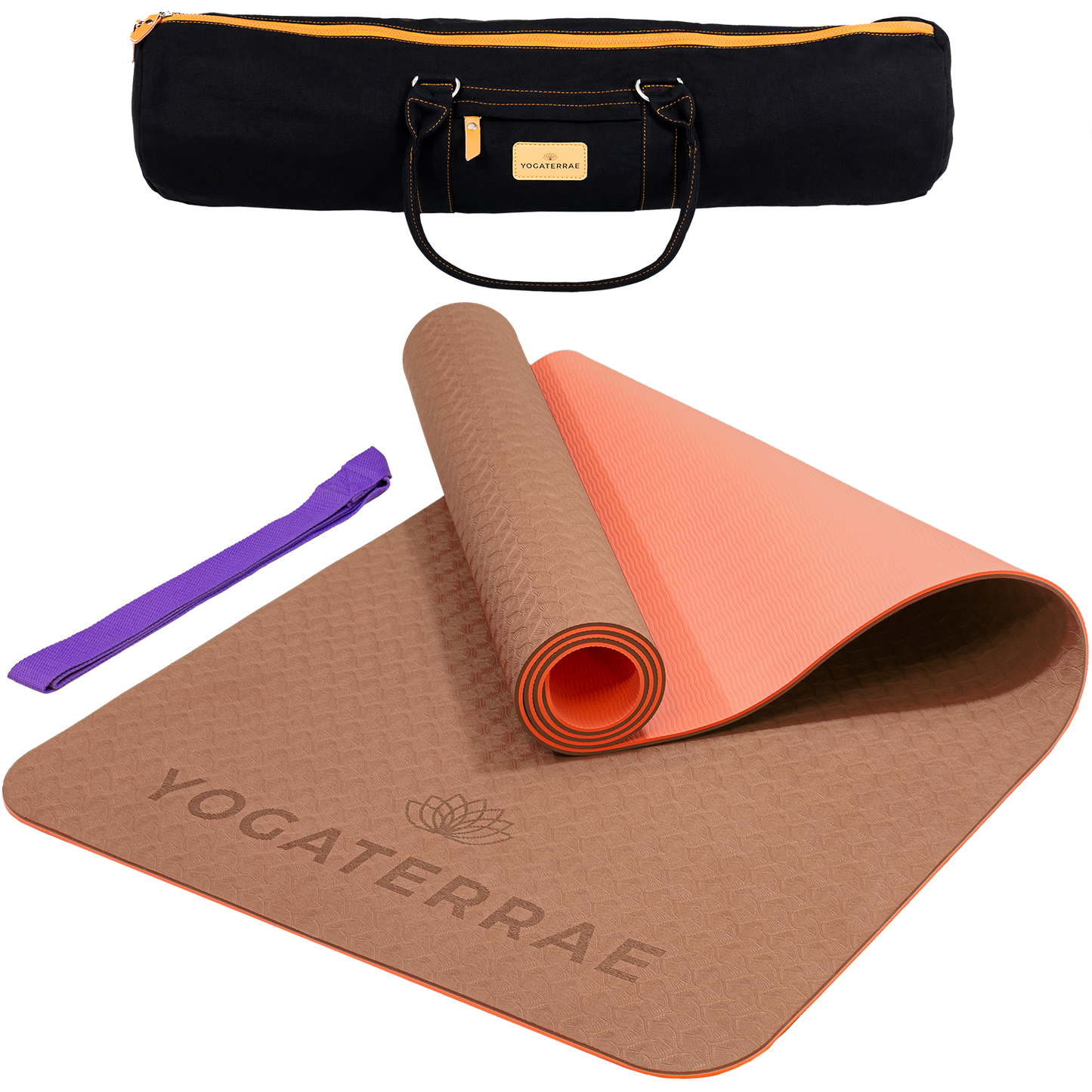Tapis de yoga antidérapant TPE bicolore Marron et Corail avec sac de transport et sangle : grip haute performance et amorti optimal.