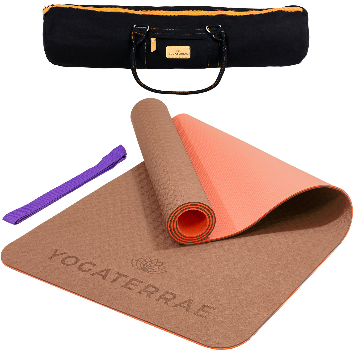 Tapis de yoga antidérapant TPE bicolore Marron et Corail avec sac de transport et sangle : grip haute performance et amorti optimal.