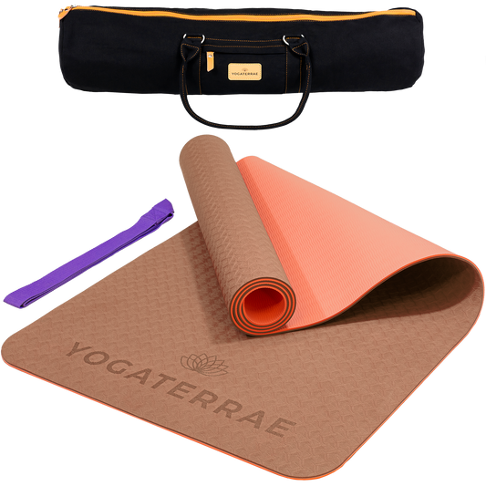 Tapis de yoga antidérapant TPE bicolore Marron et Corail avec sac de transport et sangle : grip haute performance et amorti optimal.