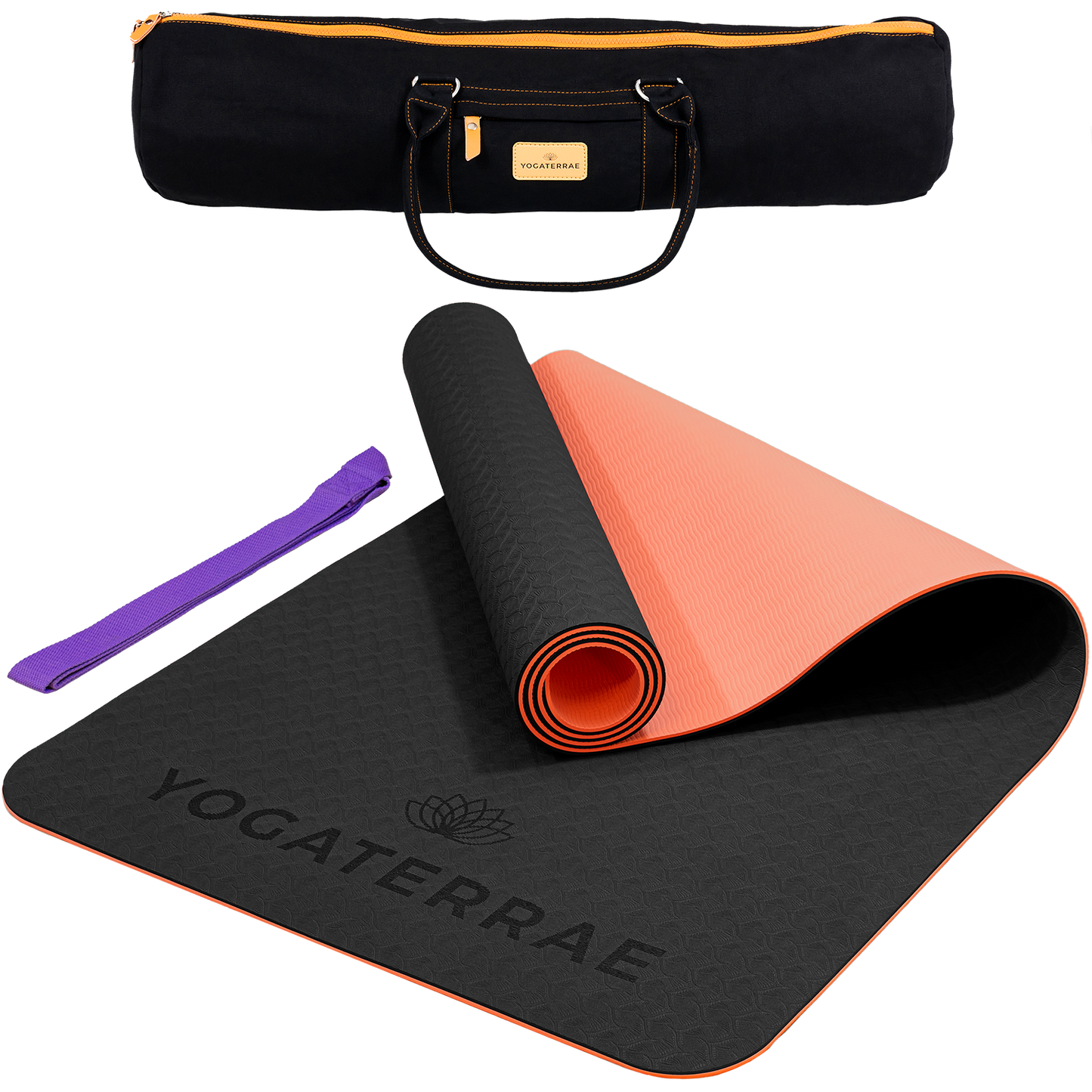 Tapis de yoga antidérapant TPE bicolore Noir et Corail avec sac de transport et sangle : grip haute performance et amorti optimal.