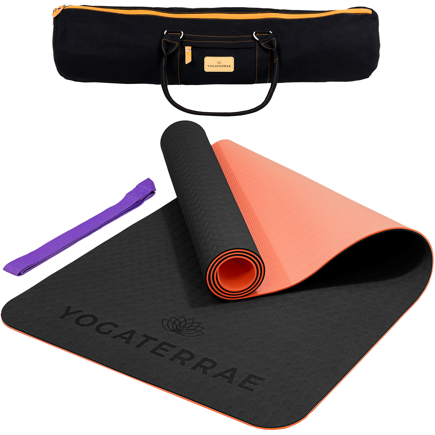 Tapis de yoga antidérapant TPE bicolore Noir et Corail avec sac de transport et sangle : grip haute performance et amorti optimal.