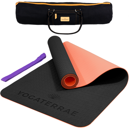 Tapis de yoga antidérapant TPE bicolore Noir et Corail avec sac de transport et sangle : grip haute performance et amorti optimal.