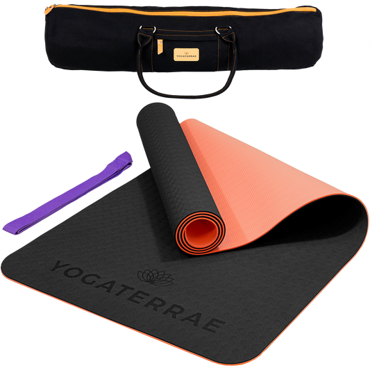 Tapis de yoga antidérapant TPE bicolore Noir et Corail avec sac de transport et sangle : grip haute performance et amorti optimal.