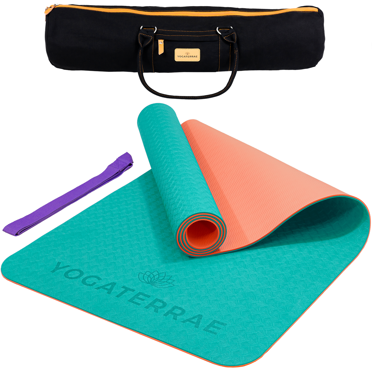 Tapis de yoga antidérapant TPE bicolore Turquoise et Corail avec sac de transport et sangle : grip haute performance et amorti optimal.